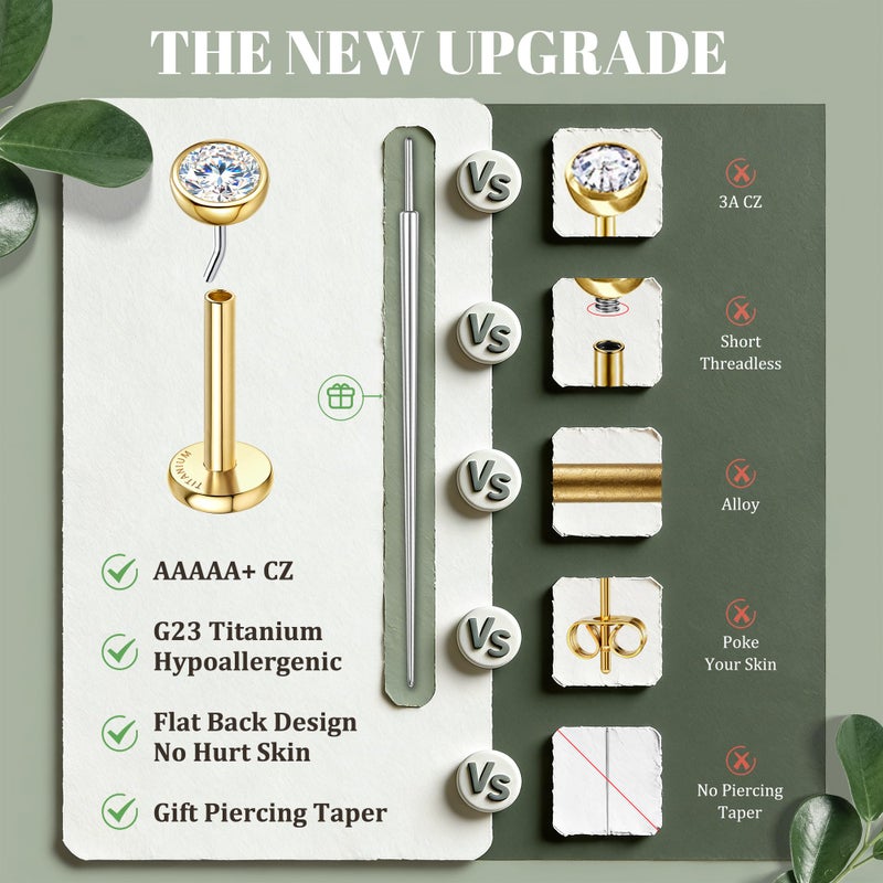 GEMQUEEN G23 Titanium Flat Back Earrings Hypoallergenic : 14K Gold Plated Threadless Bezel Earring 16G Cartilage Helix Tragus Conch Piercing Jewelry Small Nose Lip Labret Studs for Women Men 4 Pairs - Image 2