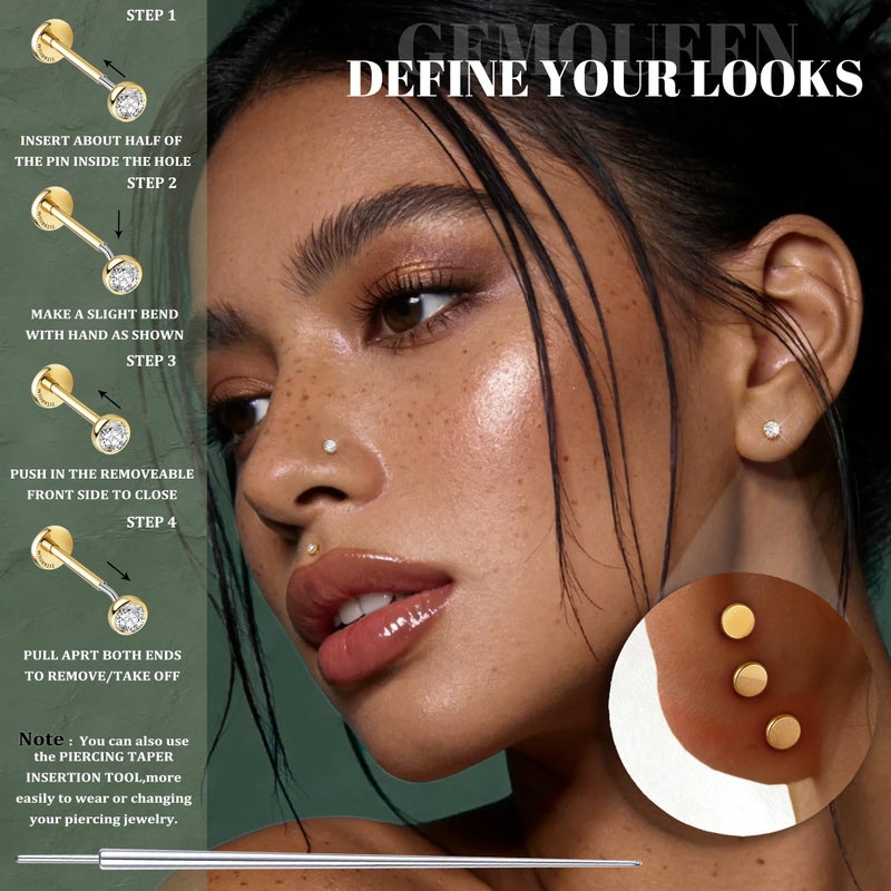 GEMQUEEN G23 Titanium Flat Back Earrings Hypoallergenic : 14K Gold Plated Threadless Bezel Earring 16G Cartilage Helix Tragus Conch Piercing Jewelry Small Nose Lip Labret Studs for Women Men 4 Pairs - Image 3