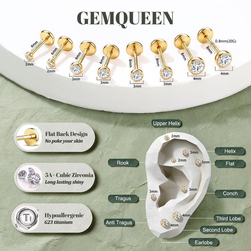 GEMQUEEN G23 Titanium Flat Back Earrings Hypoallergenic : 14K Gold Plated Threadless Bezel Earring 16G Cartilage Helix Tragus Conch Piercing Jewelry Small Nose Lip Labret Studs for Women Men 4 Pairs - Image 5