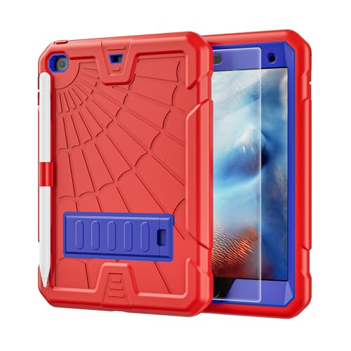 TSQQST iPad mini 4/5 Case for Kids with Glass Screen Protector 2015 2019 | iPad mini 5th 4th Generation Case with Pencil Holder+Stand | Shockproof Rugged Cover for iPad mini 7.9 Inch | Blue+Red - Image 1