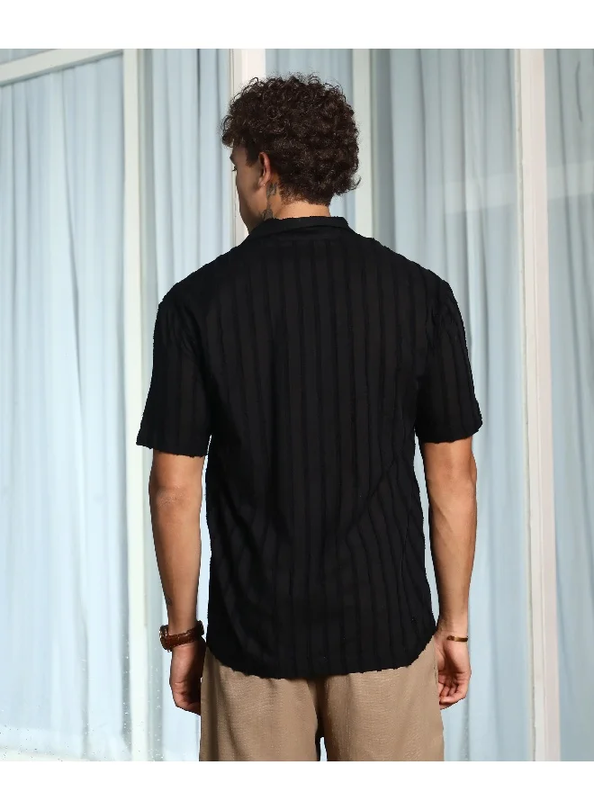 CAHOOT  Men's Midnight Black Texture-Lined Shirt For Casual Wear | Cuban Collar | Short Sleeve | Button Closure | Shirt Crafted With Comfort Fit For Everyday Wear for Men | Best Price UAE