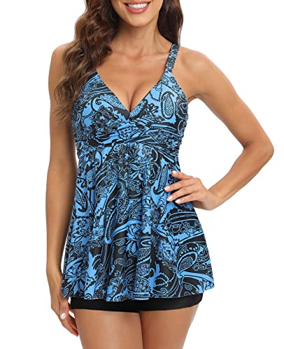 SEAFORM Women's Tankini Bathing Suits Two-Piece Tummy Control Swim Dress High Waist Printing Padded Swimsuits with Boyshorts Dark Blue - Image 1