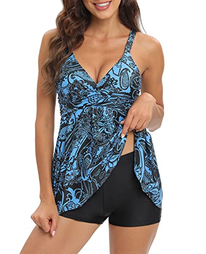 SEAFORM Women's Tankini Bathing Suits Two-Piece Tummy Control Swim Dress High Waist Printing Padded Swimsuits with Boyshorts Dark Blue - Image 2