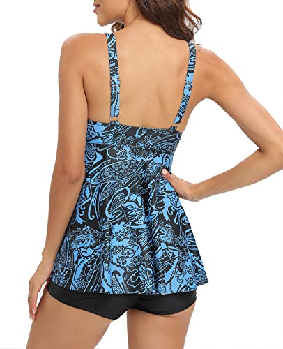 SEAFORM Women's Tankini Bathing Suits Two-Piece Tummy Control Swim Dress High Waist Printing Padded Swimsuits with Boyshorts Dark Blue - Image 3