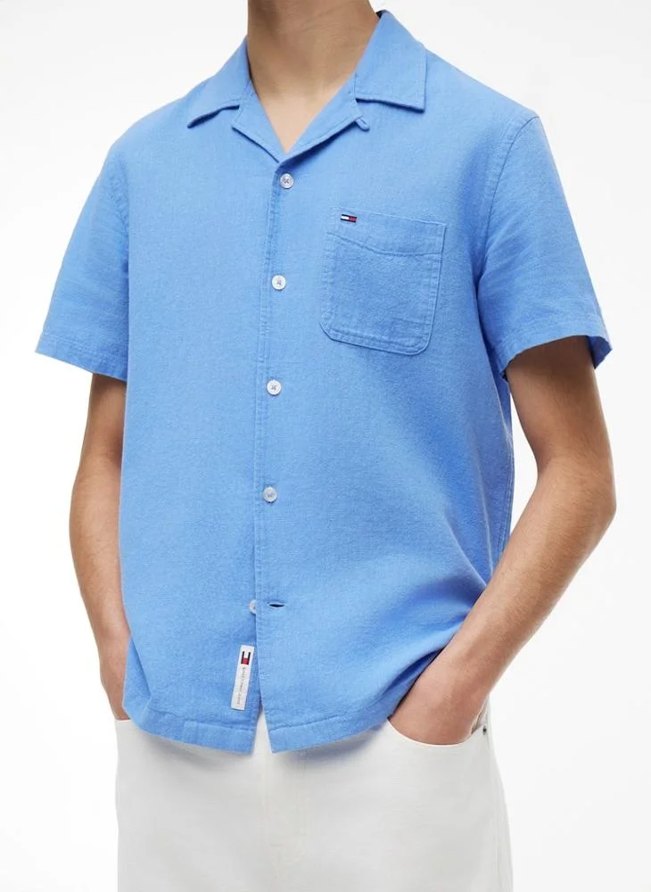 Tommy Jeans Blue Twilight Regular Fit Linen Blend Short Sleeve Shirt for Men | Best Price UAE