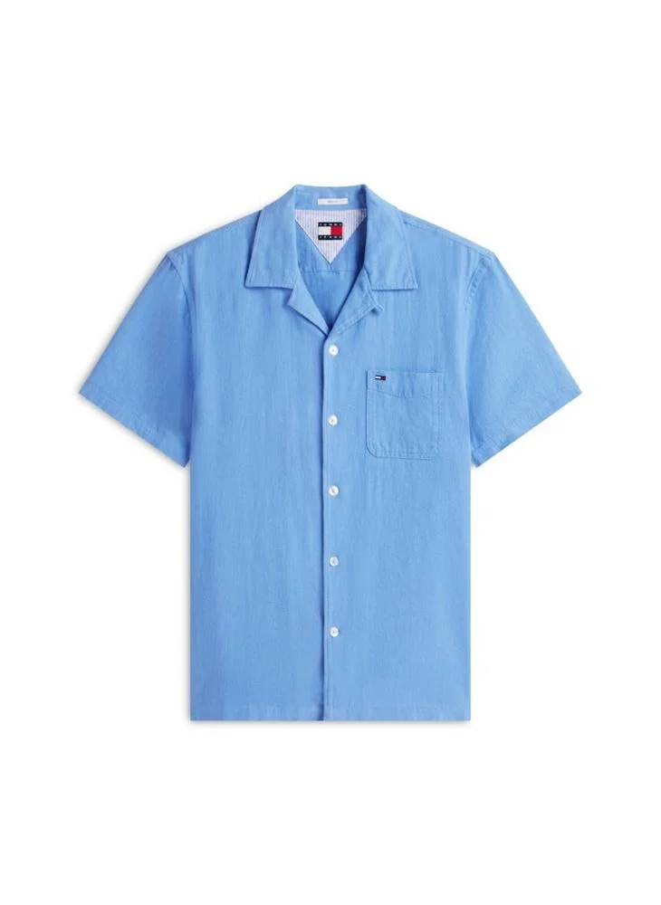 Tommy Jeans Blue Twilight Regular Fit Linen Blend Short Sleeve Shirt for Men | Best Price UAE