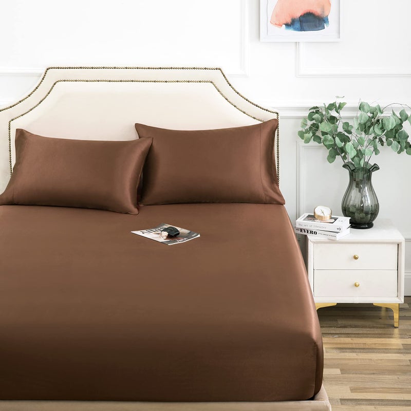 Luxbedding Satin Fitted Sheet  Queen Fitted Sheet Only  1 - Piece Ultra Soft Deep Pocket Single Silk Bottom Bed Sheet Queen - Brown 