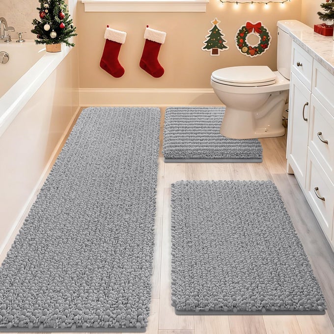 UPGRADE EXTRA LARGE LIGHT GREY BATHROOM RUG SET 3 PIECES GRAY ULTRA SOFT THICK ABSORBENT BATH MATS NON SLIP CHENILLE TOILET MAT FOR BATHROOM BEDROOM KITCHEN