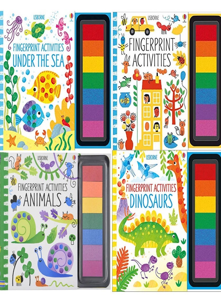 VIO Pack of 4 Assorted Fingerprint Art Activity Coloring Dot Making Sheets With Pens Paints for Kids Boys Girls Ages 3 4 5 6 Birthday Party Favor Fun Gift Idea DIY Summer Fun Travel Arts Crafts Supplies  - Image 1