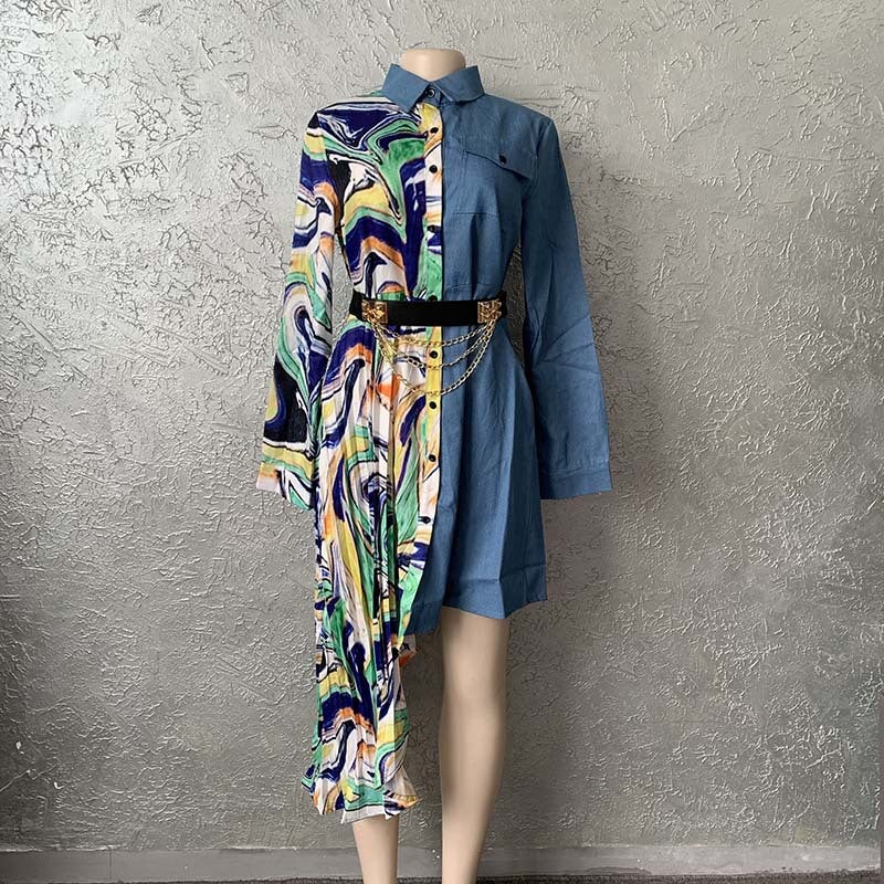 Supply Denim chiffon stitching unique cutting fashion loose shirt dress Europe, America and Africa plus size specials Green belt included