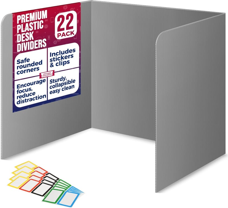Storage Standard 22 حزمة من مقسمات المكاتب للطلاب - مقسم درع الخصوصية البلاستيكي المقاوم للماء والمتين، ملفات الفصل ال��راسي، مستلزمات المعلمين، ألواح حاجز الدراسة البلاستيكية سهلة التنظيف لمكاتب الطلاب، رمادي - Image 1