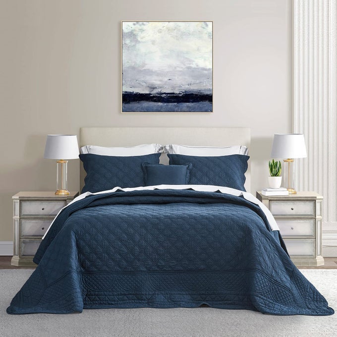 OVERSIZED COTTON BEDSPREAD KING SIZE REAL STITCHING LUXURY QUILTED BEDDING COVER FOR ALL SEASON REVERSIBLE ULTRA SOFT LIGHTWEIGHT 3 PIECE NAVY