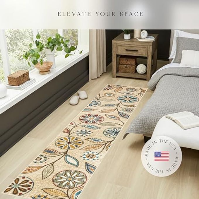 Maples Rugs Reggie Floral Runner Rug Made in USA Washable, Non Slip Indoor Carpet for Kitchen, Hallway, and Laundry Room, 2' x 10', Beige - Image 2