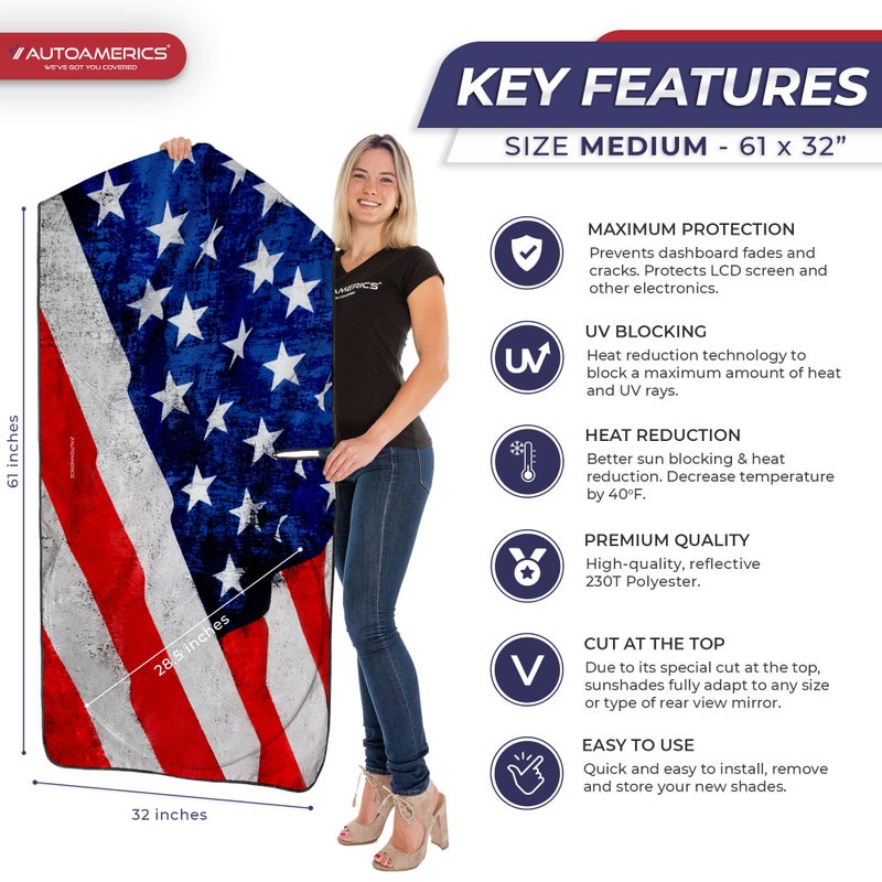 Autoamerics 1-Piece Windshield Sun Shade Grunge American Flag - 4 USA Design - Foldable Car Front Window Sunshade for Most Sedans SUV Truck - Blocks Max UV Rays and Keeps Your Vehicle Cool - Medium - Image 2