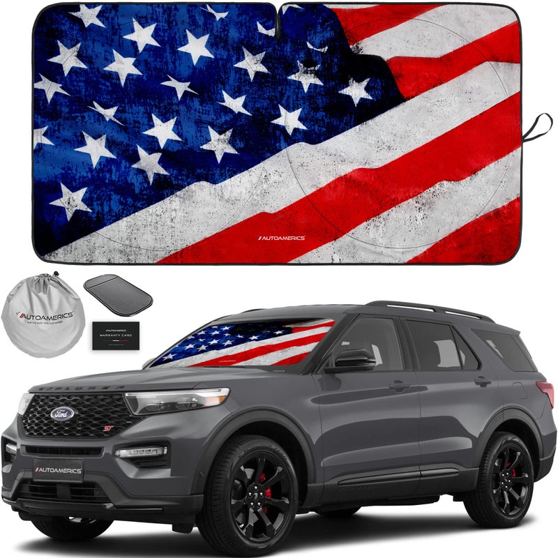 Autoamerics 1-Piece Windshield Sun Shade Grunge American Flag - 4 USA Design - Foldable Car Front Window Sunshade for Most Sedans SUV Truck - Blocks Max UV Rays and Keeps Your Vehicle Cool - Medium - Image 1