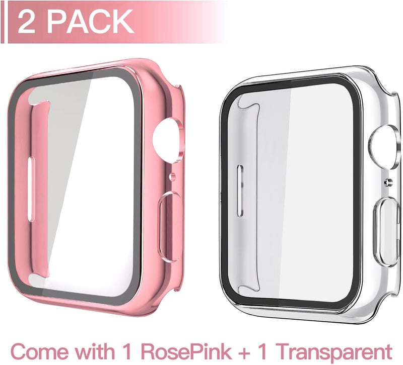 Misxi 2 Pack Hard PC Case with Tempered Glass Screen Protector Compatible with Apple Watch Series 9 (2023) Series 8 Series 7 45mm, Ultra-ThinCover for iWatch S9/S8/S7, 1 Rose Pink + 1 Transparent - Image 2