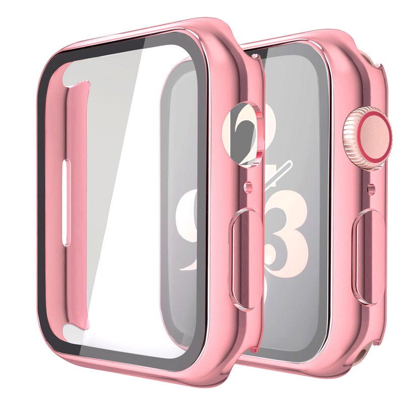 Misxi 2 Pack Hard PC Case with Tempered Glass Screen Protector Compatible with Apple Watch Series 9 (2023) Series 8 Series 7 45mm, Ultra-ThinCover for iWatch S9/S8/S7, 1 Rose Pink + 1 Transparent - Image 1