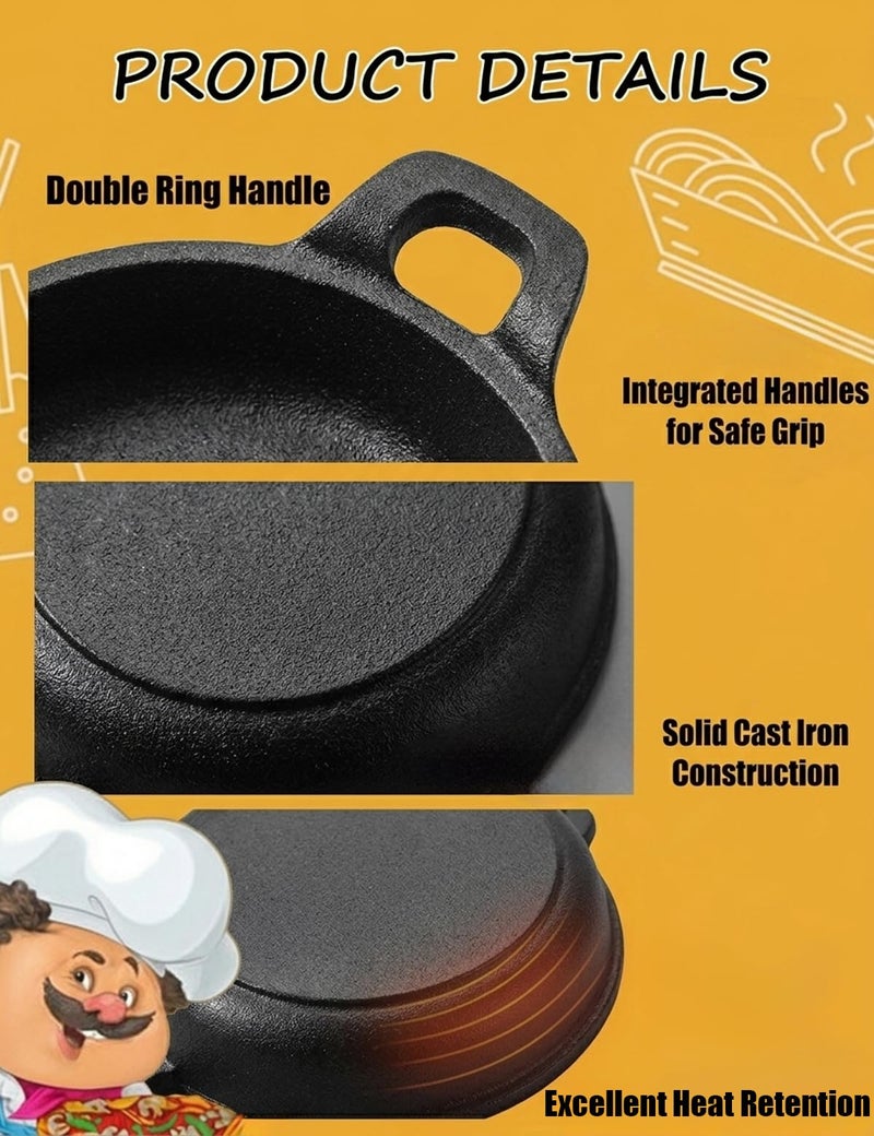 SHANDERBAR Mini Cast Iron Skillets Set of 6, 4.8 x 4.8 x 1.3 Inch Small Cast Iron Pan with Handle, Mini Ramekins Round Black Casserole Dish Cookware Small Skillets for Serving Food Frying Baking Cooking Roasting - Image 4