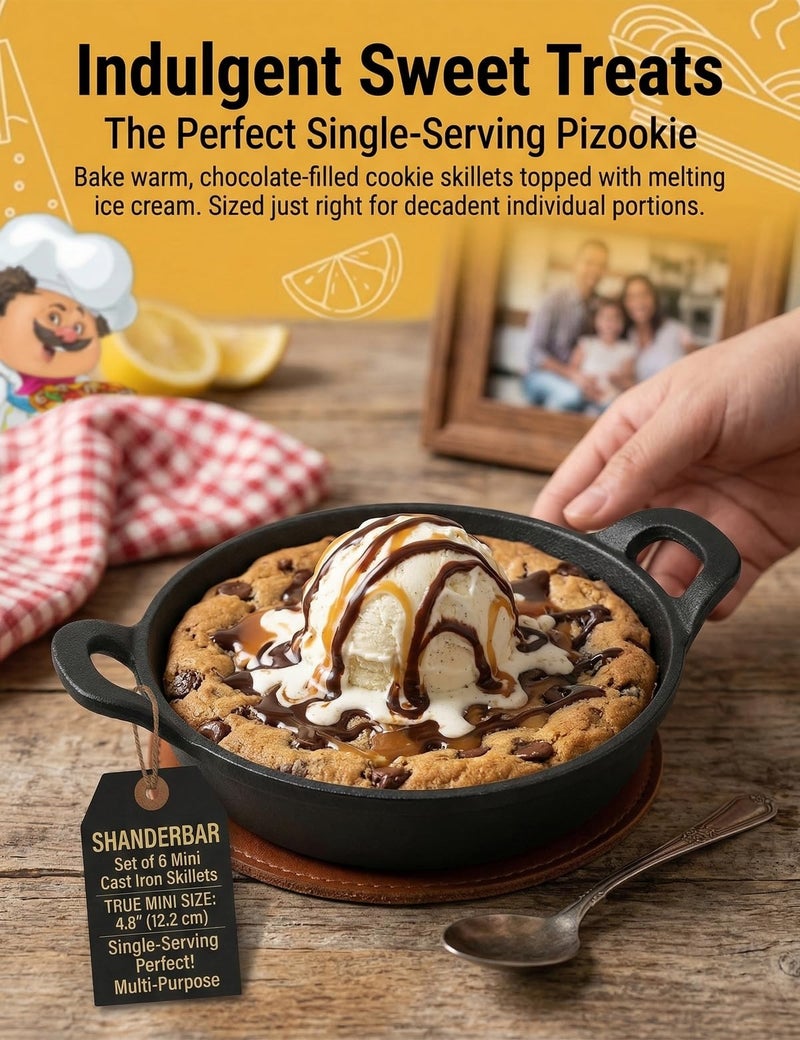 SHANDERBAR Mini Cast Iron Skillets Set of 6, 4.8 x 4.8 x 1.3 Inch Small Cast Iron Pan with Handle, Mini Ramekins Round Black Casserole Dish Cookware Small Skillets for Serving Food Frying Baking Cooking Roasting - Image 2