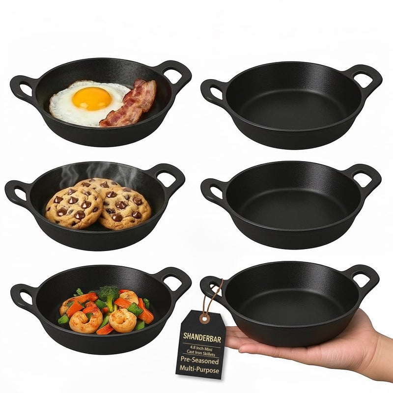 SHANDERBAR Mini Cast Iron Skillets Set of 6, 4.8 x 4.8 x 1.3 Inch Small Cast Iron Pan with Handle, Mini Ramekins Round Black Casserole Dish Cookware Small Skillets for Serving Food Frying Baking Cooking Roasting - Image 1