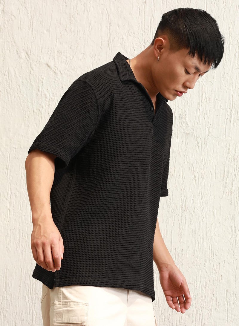 Hubberholme Men's Black 100% Cotton Solid Pattern Polo Oversized T-Shirt - Image 5
