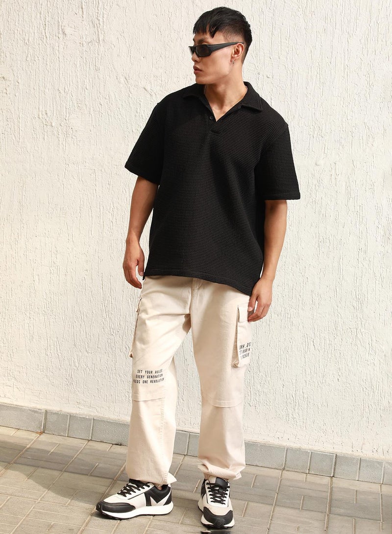 Hubberholme Men's Black 100% Cotton Solid Pattern Polo Oversized T-Shirt - Image 1