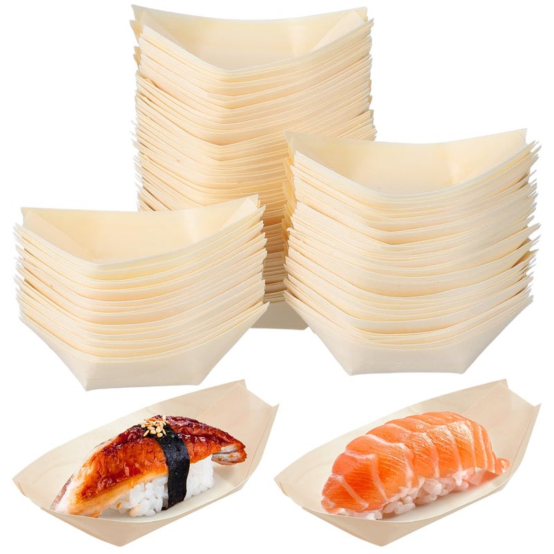 100 Pack Bamboo Wooden Disposable Food Boat Plates Disposable Dessert Plates Mini Sushi Serving Tray Food Container Trays for Party Weddings Picnic Actual Size Used 15 D x 23 W x 12 H