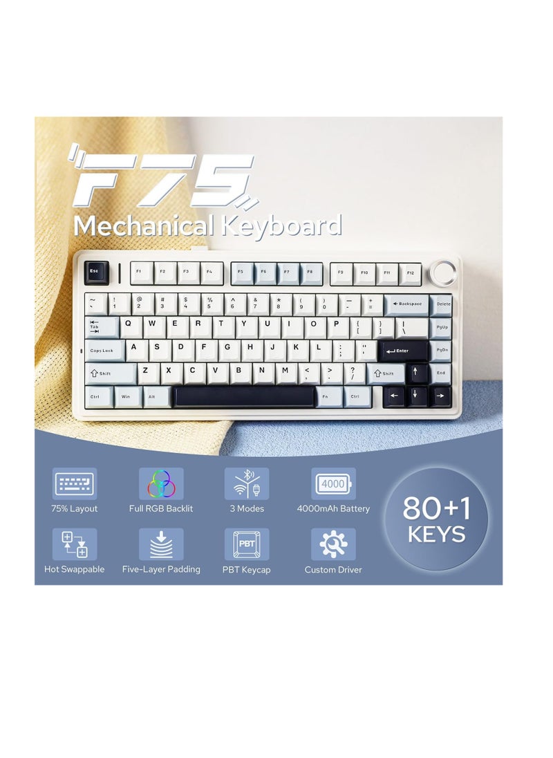 AULA F75 Gasket Mechanical Keyboard, 75% Wireless Hot Swappable Gaming Keyboard with Five-Layer Padding&Knob, Bluetooth/2.4GHz/USB-C, RGB (Light Blue, LEOBOG Reaper Switch)
