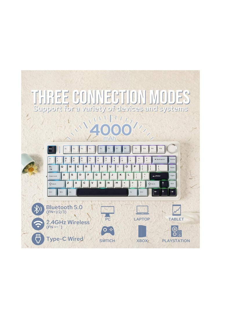 AULA F75 Gasket Mechanical Keyboard, 75% Wireless Hot Swappable Gaming Keyboard with Five-Layer Padding&Knob, Bluetooth/2.4GHz/USB-C, RGB (Light Blue, LEOBOG Reaper Switch)