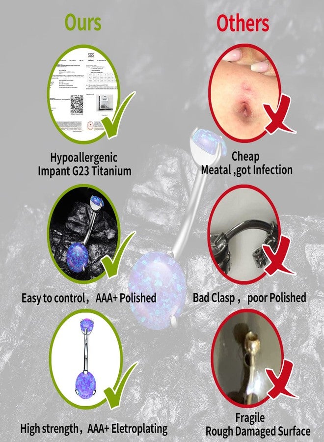فوجو حلقات السرة من التيتانيوم VOJO G23، مرصعة بالزركون المكعب والأوبال، مضادة للحساسية، ملولبة، عيار 14، مجوهرات ثقب السرة الماسية، حجر الميلاد للنساء (عيار 14، 5 مم + 8 مم، أوبال بنفسجي داكن بمخلب) - Image 4