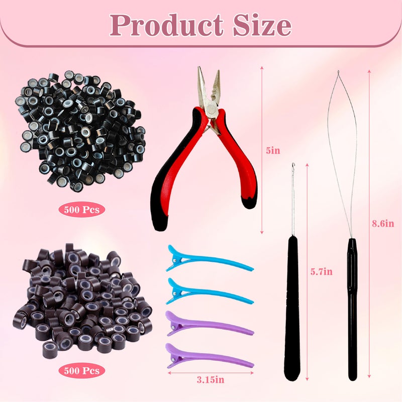 FEXICHUJI Hair Extension Microlink Tool Kit, 1000 Silicone Nano Microbeads, 1 Plier, 1 Pulling Loop Threader, 1 Crochet Hook, 4 Hair Clips, Weft Sew in Extension Kit Tools Accessories for Girls - Image 3