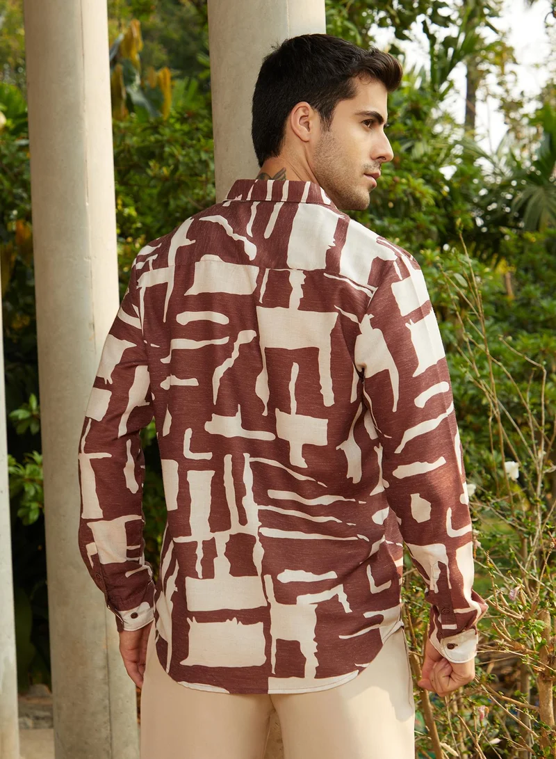 Campus Sutra Men's Ivory White & Chocolate Brown Abstructural Shirt
