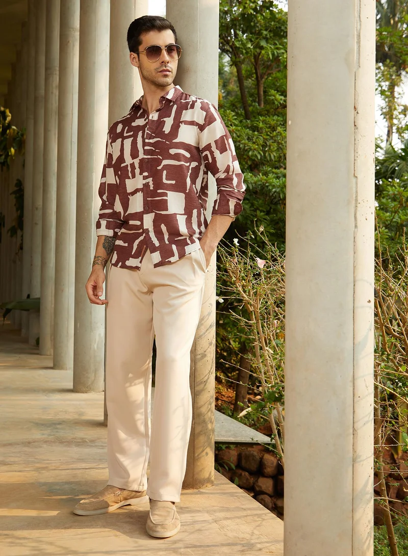 Campus Sutra Men's Ivory White & Chocolate Brown Abstructural Shirt