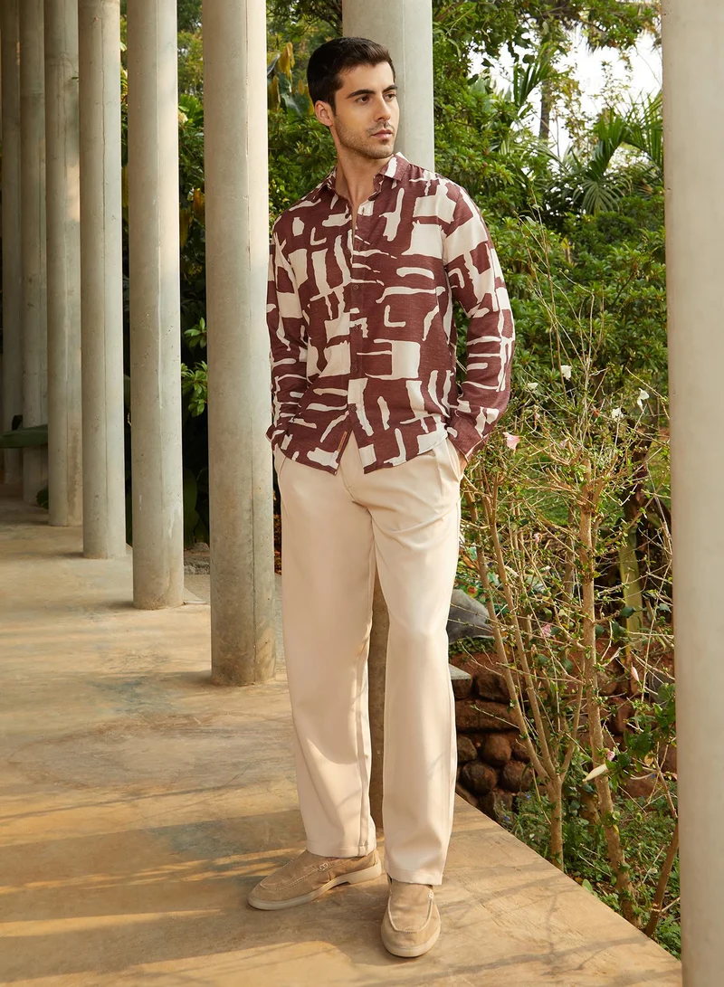 Campus Sutra Men's Ivory White & Chocolate Brown Abstructural Shirt