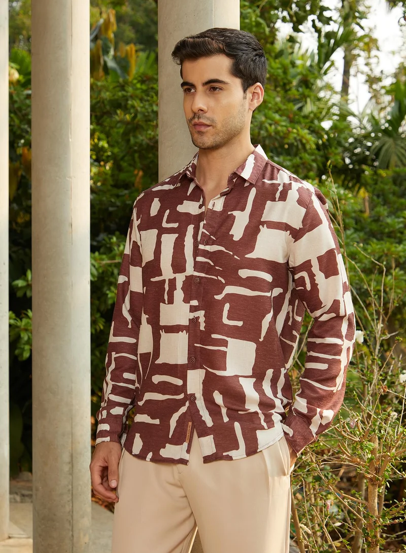 Campus Sutra Men's Ivory White & Chocolate Brown Abstructural Shirt