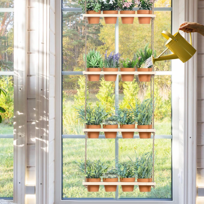 FillTouch 4 Tiered Window Plant Shelves Hanging Herb Planter Indoor Display with 16 Pcs Flower Pots Wood Window Plant Hanger for Grow Herbs Succulents Microgreens Seedling Organization - Image 4