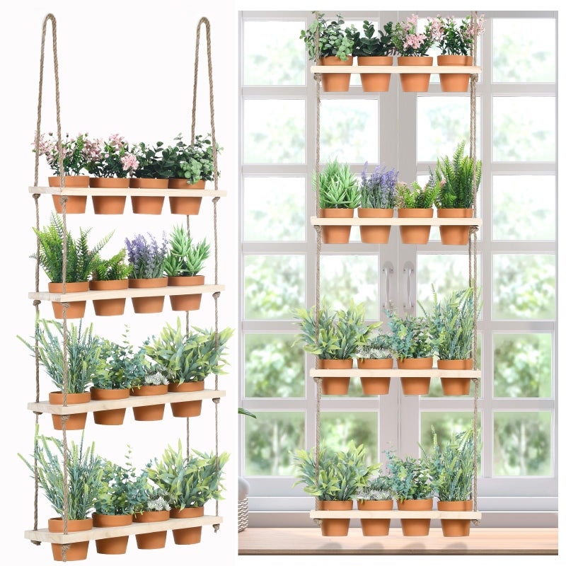 FillTouch 4 Tiered Window Plant Shelves Hanging Herb Planter Indoor Display with 16 Pcs Flower Pots Wood Window Plant Hanger for Grow Herbs Succulents Microgreens Seedling Organization - Image 1