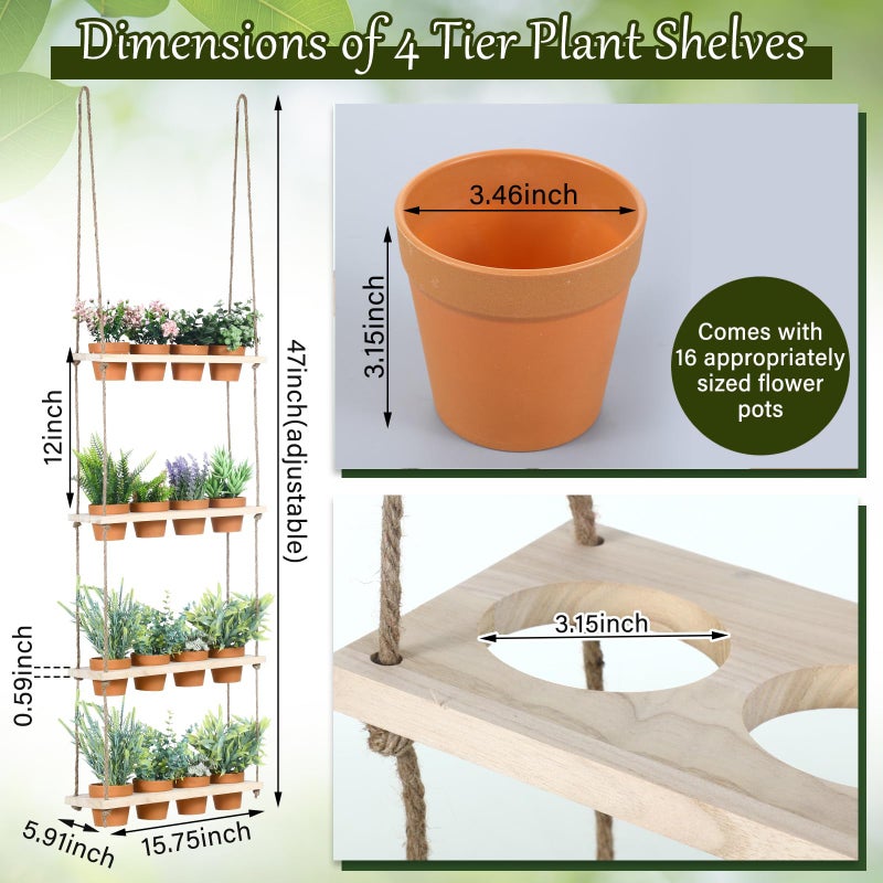 FillTouch 4 Tiered Window Plant Shelves Hanging Herb Planter Indoor Display with 16 Pcs Flower Pots Wood Window Plant Hanger for Grow Herbs Succulents Microgreens Seedling Organization - Image 2