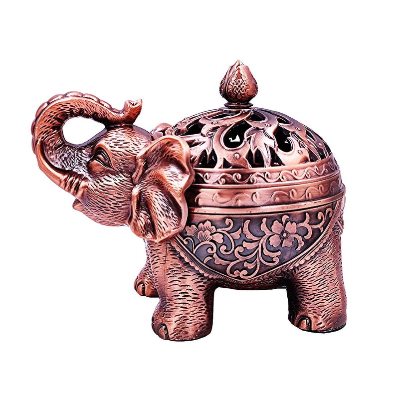Hourwof Metal Elephant Incense HolderVintage Cone Coil Incense Burner with LidAsh CatcherAromatherapy Ornament Home Office DecorRed Copper