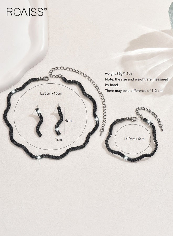 roaiss Women's Black Rhinestone Four-Piece Bridal Set Necklace Bracelet Earrings Ring Irregular Modern Bride Wedding Evening Dress Accessory - Image 2
