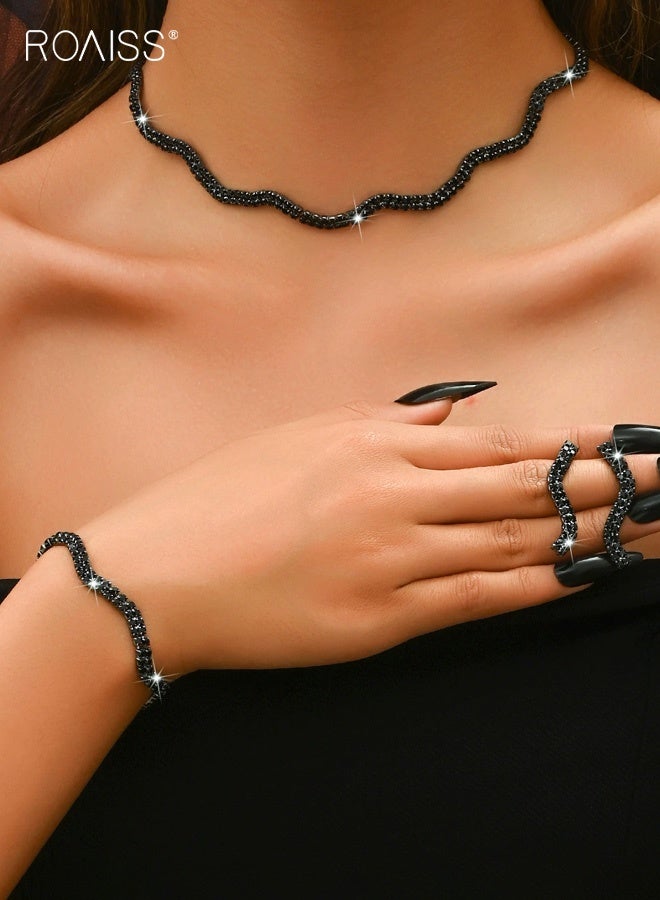 roaiss Women's Black Rhinestone Four-Piece Bridal Set Necklace Bracelet Earrings Ring Irregular Modern Bride Wedding Evening Dress Accessory - Image 1