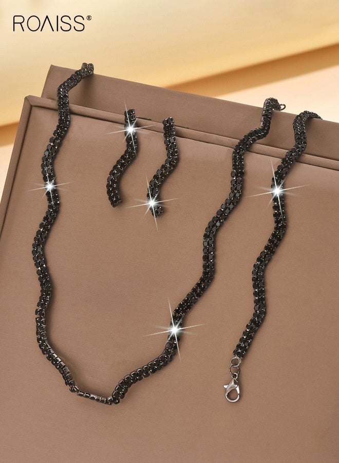roaiss Women's Black Rhinestone Four-Piece Bridal Set Necklace Bracelet Earrings Ring Irregular Modern Bride Wedding Evening Dress Accessory - Image 3