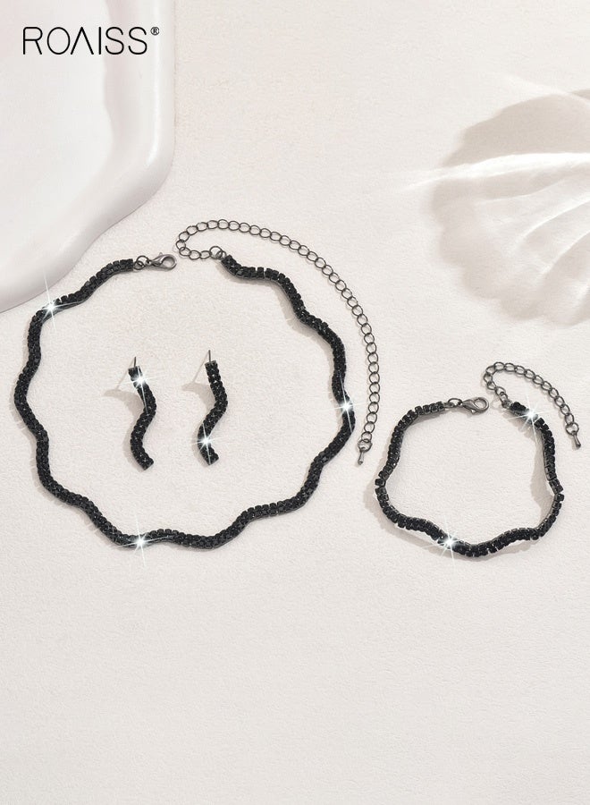 roaiss Women's Black Rhinestone Four-Piece Bridal Set Necklace Bracelet Earrings Ring Irregular Modern Bride Wedding Evening Dress Accessory - Image 5