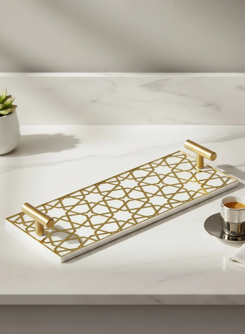 LOWHA Acrylic Serving Tray with Gold Metal Handles and Decorative Design