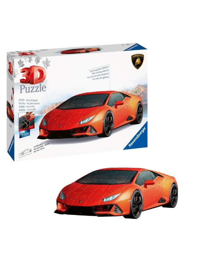 Ravensburger Lamborghini‑Huracán‑EVO‑Arancio Orange Premium 3D Puzzle 108 Pieces | 1:18 Scale Model with Rotating Wheels – No Glue Needed, Easy Click Assembly, Display Base Included – 11571‑6 - Image 1