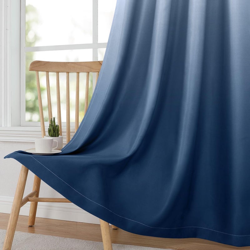 HOMEIDEAS ستائر منزلية أومبري زرقاء داكنة 52 × 63 بوصة طول تدرج مظلمة عازلة حرارية موفرة للطاقة مع حلقات 2 لوحات ستائر للنوافذ لغرفة المعيشة، غرفة النوم - Image 3