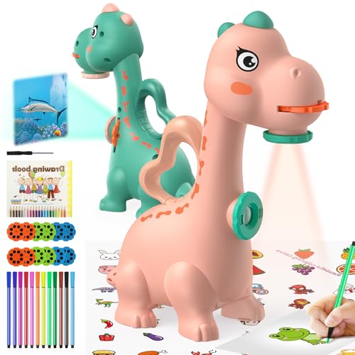 RNGODO Drawing Projector for Kid Art Sketch Projector Toddlers with 96 Stencils and 12 Markers Dinosaur Gifts for Girls BoysDrawing Projector Toys for 3 Years Old Pink - Image 1