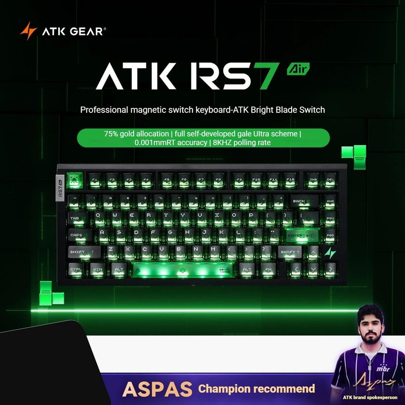 ATK RS7 Air Magnetic Axis Gaming Keyboard 75% Layout, 8K Polling Rate, PC, Black Green - Image 1