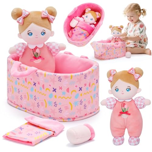 OUOZZZ 10" Soft Baby Doll Set with Plush Doll, Bassinet, Blanket and Bottle, Baby Doll Accessories Pretend Playset Emotional Social Doll for 2 Year Olds Girls Christmas Birthday Gift - Image 1