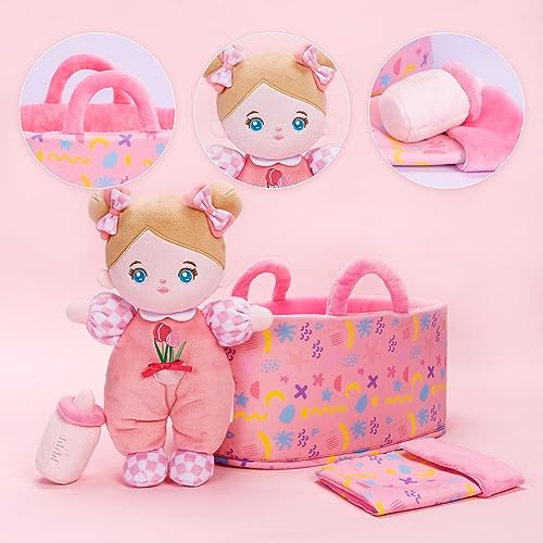 OUOZZZ 10" Soft Baby Doll Set with Plush Doll, Bassinet, Blanket and Bottle, Baby Doll Accessories Pretend Playset Emotional Social Doll for 2 Year Olds Girls Christmas Birthday Gift - Image 3